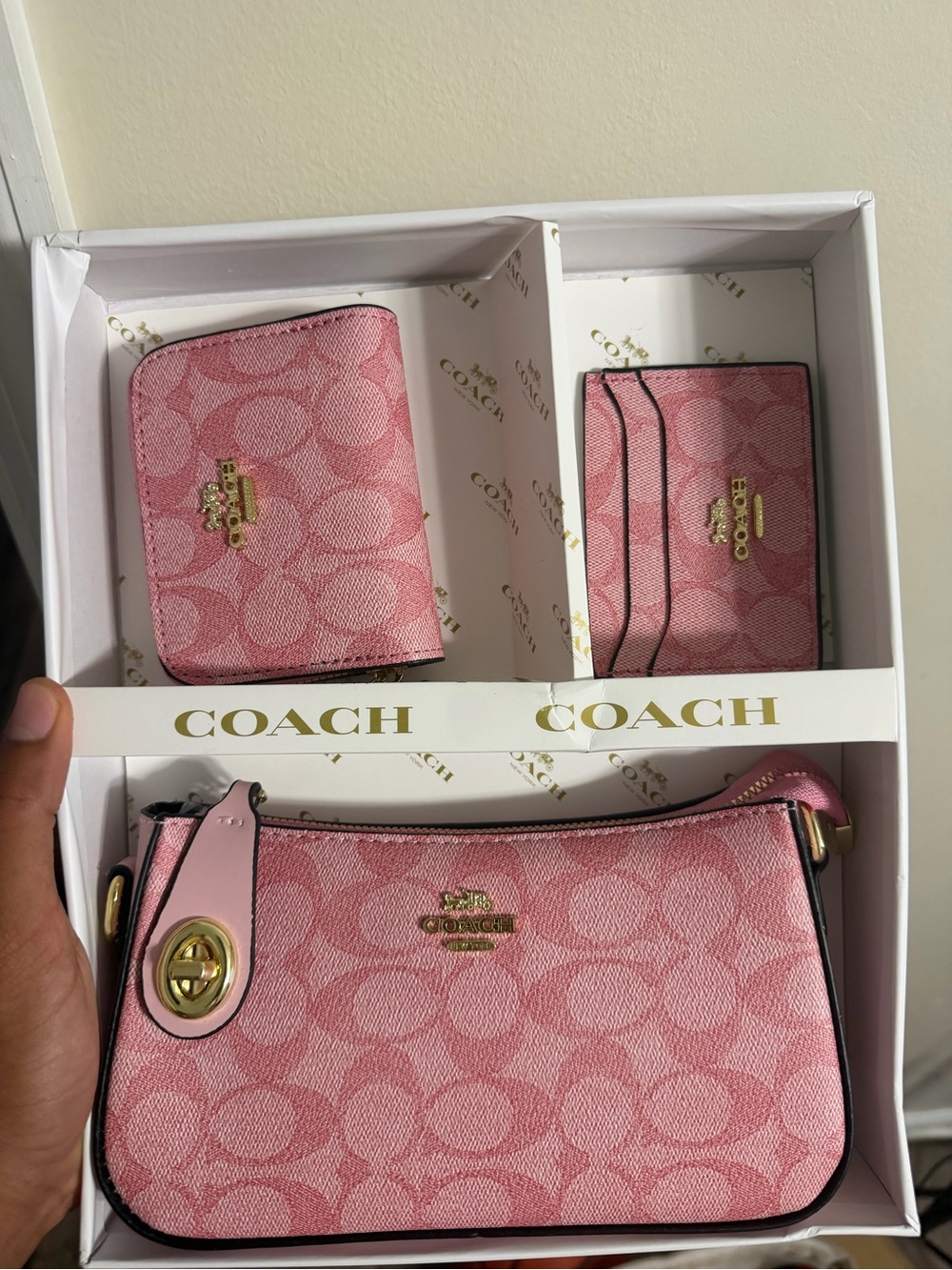 Coach Pink Signature Canvas Mini Crossbody Set with Card Case